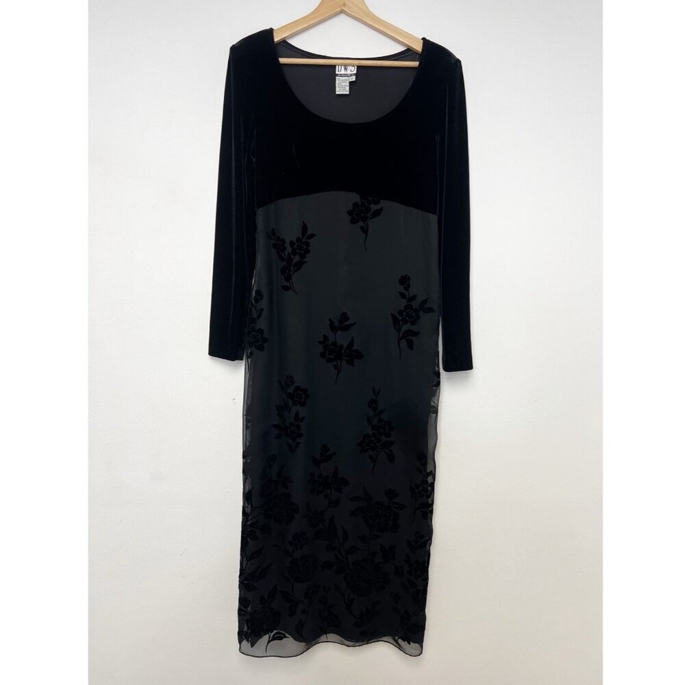 VTG 90s/Y2K Black burned out velvet Maxi Dress Goth Fairy Empire Waist DW3
